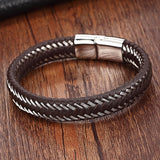 Stainless Steel Chain Leather Wristband