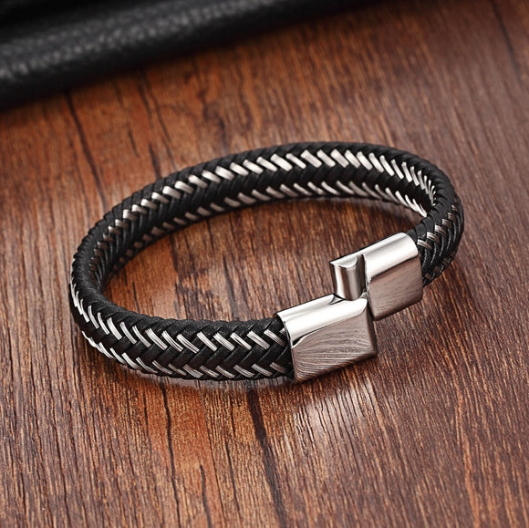 Silver  Leather Wristband